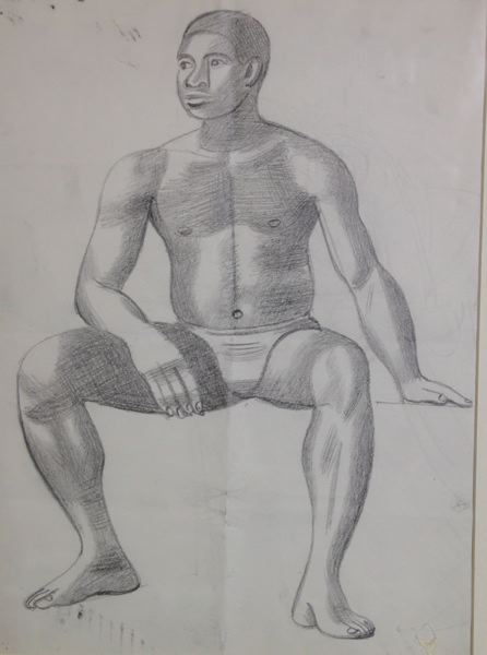 Male Life Study, Black, Sitting, Front View