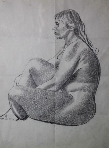 Female Life Study, Sitting on the Floor, in Profile