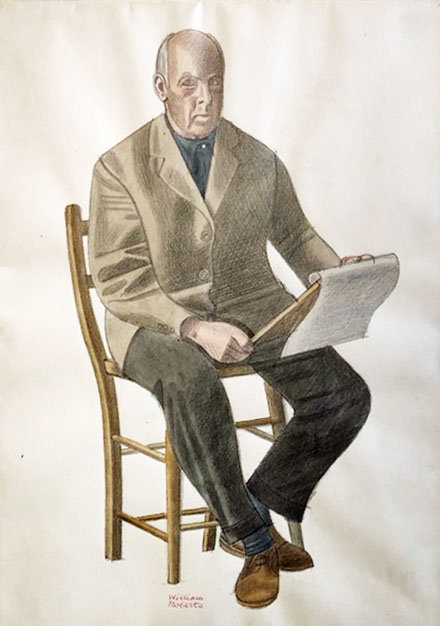Self-portrait (full length seated, grey jacket, blue shirt, sketching)