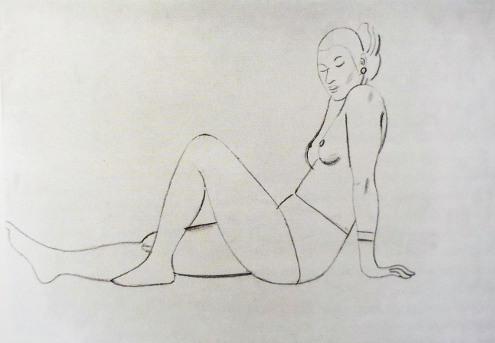 Female life study, sitting on the floor, propped on arms, one knee bent